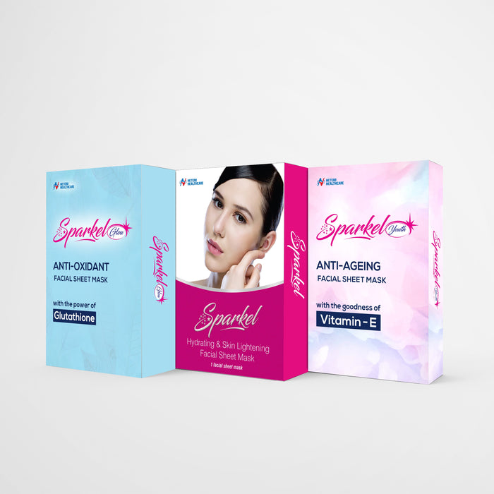 Sparkel Combo Pack - (Hydrating & Skin Lightening - Anti Oxidant Youth - Anti-Aging Glow ) Face Sheet Masks.