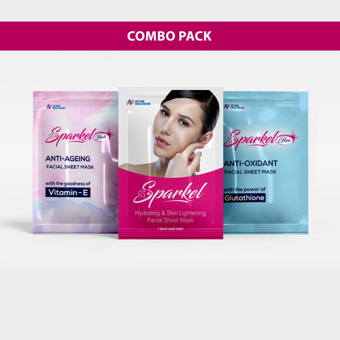 Sparkel Combo Pack - (Hydrating & Skin Lightening - Anti Oxidant Youth - Anti-Aging Glow ) Face Sheet Masks.